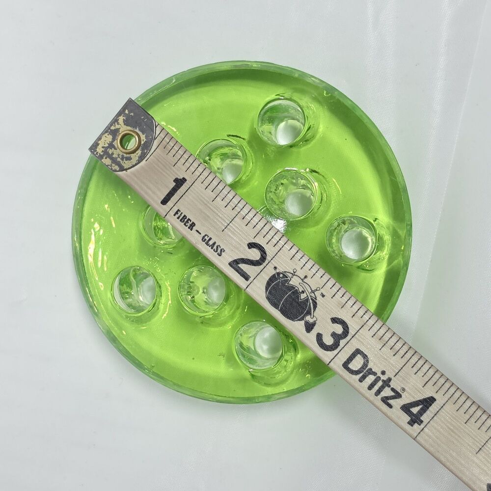 Vaseline Uranium Glass Flower Frog 11 Holes Glows UV Green Vintage 3" Diameter - Picture 8 of 10